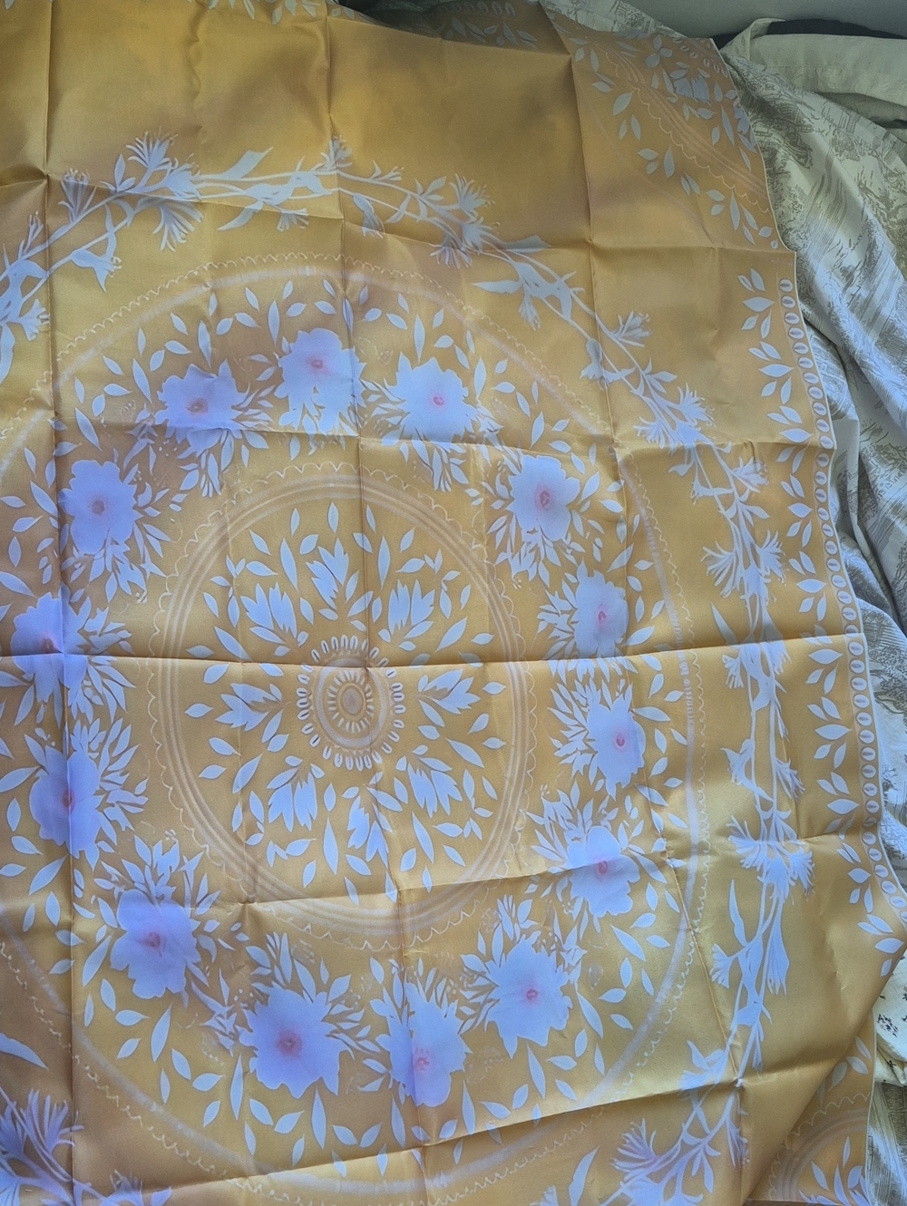 Floral Medallion Silk-Feel Wall Tapestry Hanging In Golden Yellow and Pale Lilac